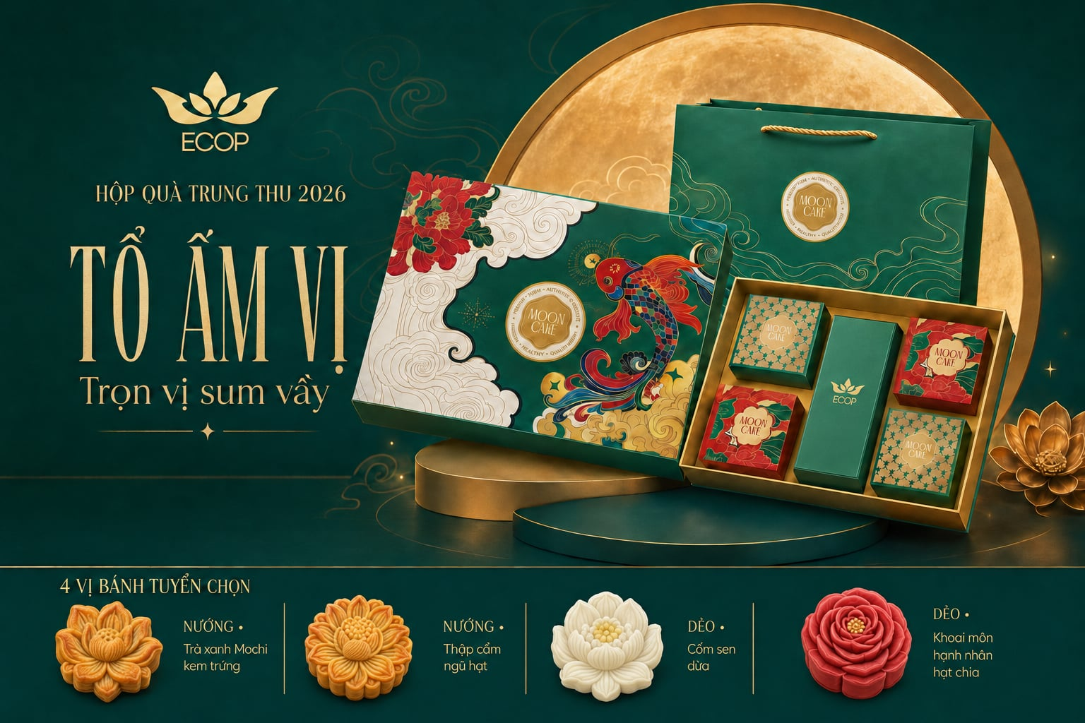 Hộp quà Trung Thu ECOP 2026 Tổ Ấm Vị màu xanh lá đậm với 4 vị bánh tuyển chọn