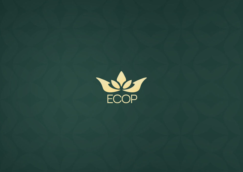 Mặt trước thiệp ECOP xanh rêu với logo vàng